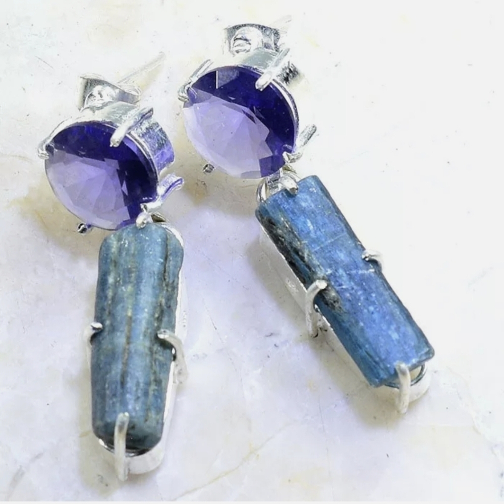 New Amethyst and Rough Kyanite Silver Stud Dangle Earrings.